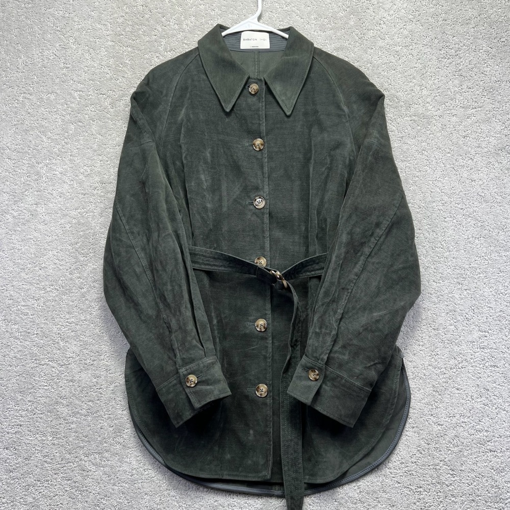 Babaton 1-01 Aritzia Shirt Jacket Womens L Green Suede Leather Belted Utility